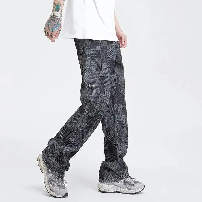 Wide Leg Patchwork Design Jeans for Modern Men