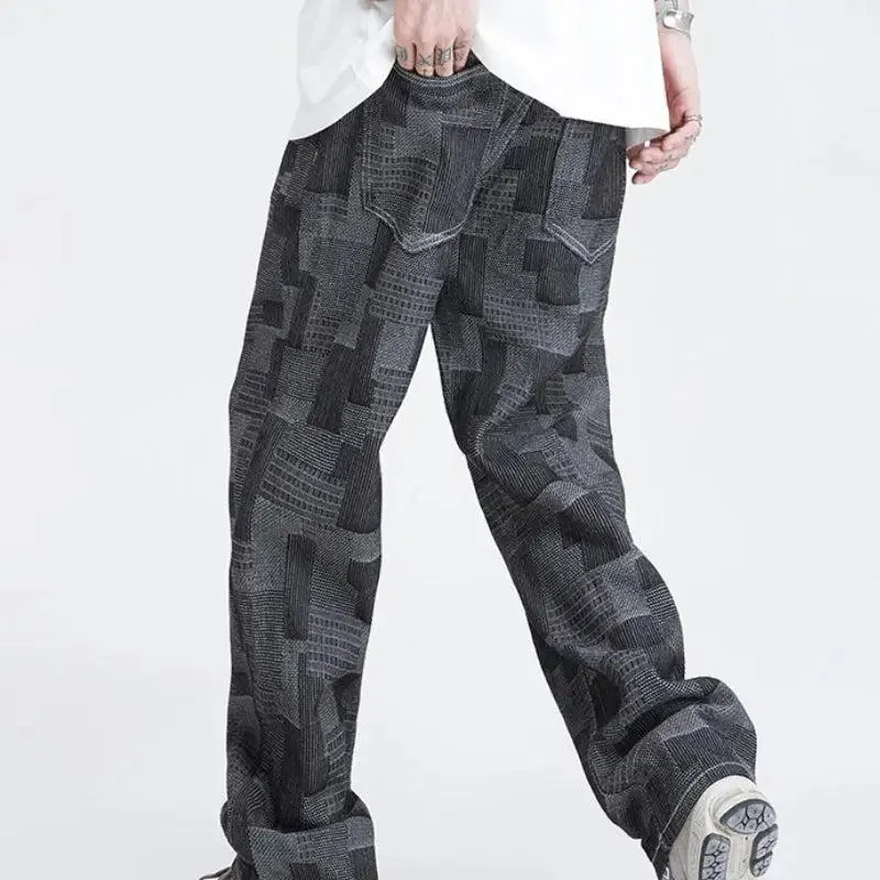 Wide Leg Patchwork Design Jeans for Modern Men