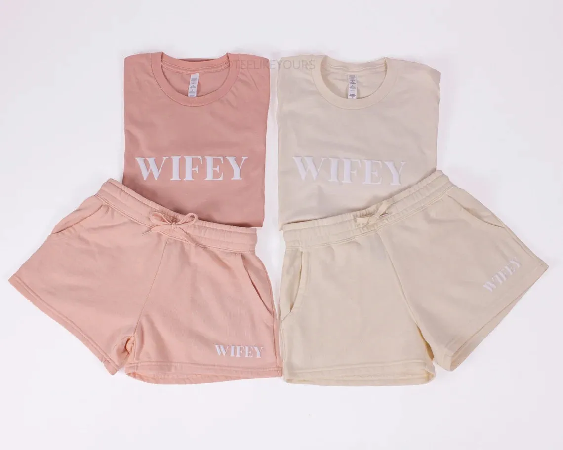 Wifey T-shirt & Shorts with Embossed Print, Wifey Top, Honeymoon Wifey Outfit, Wifey Sweatshorts, Wifey T-shirt, Engagement Gift