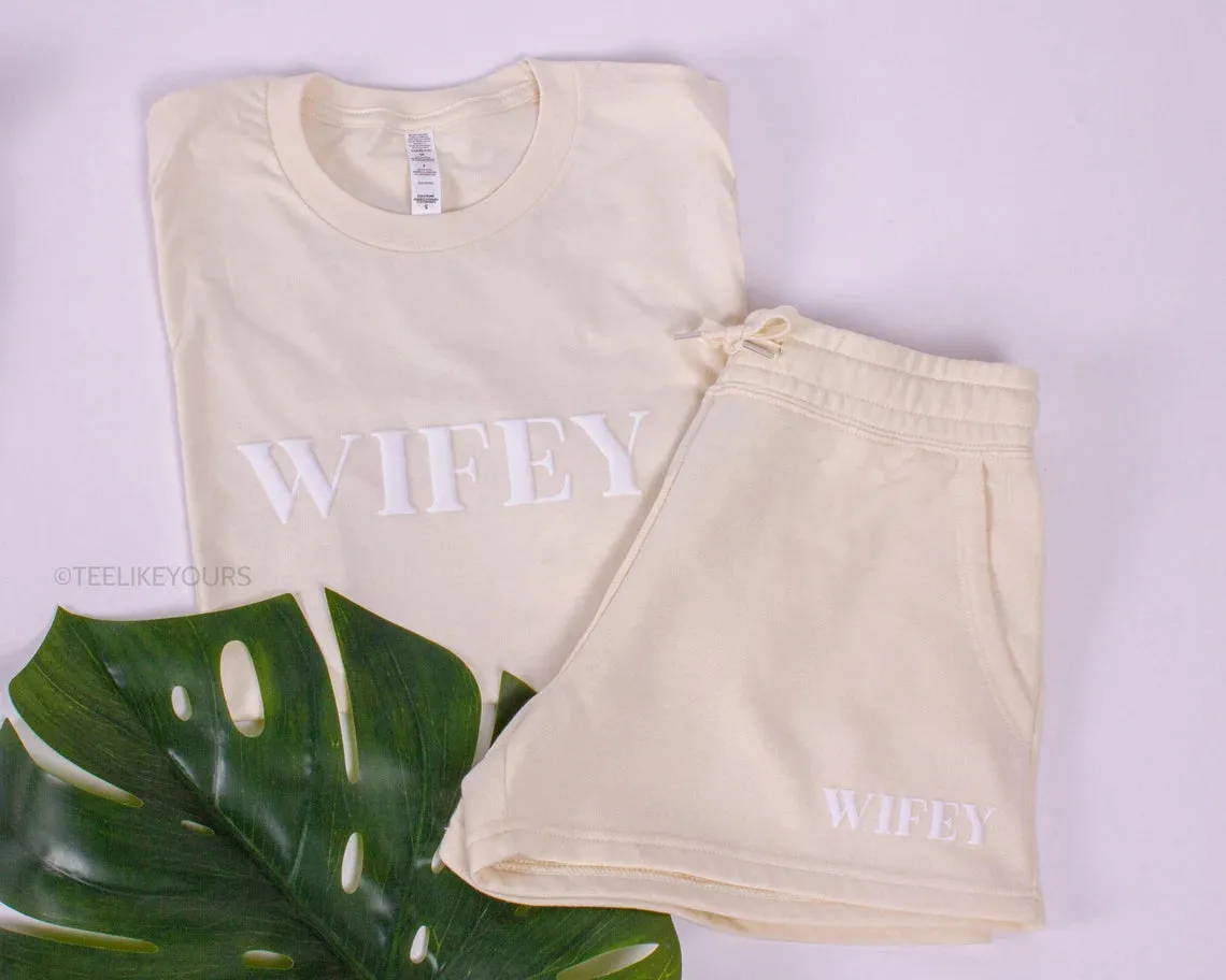 Wifey T-shirt & Shorts with Embossed Print, Wifey Top, Honeymoon Wifey Outfit, Wifey Sweatshorts, Wifey T-shirt, Engagement Gift