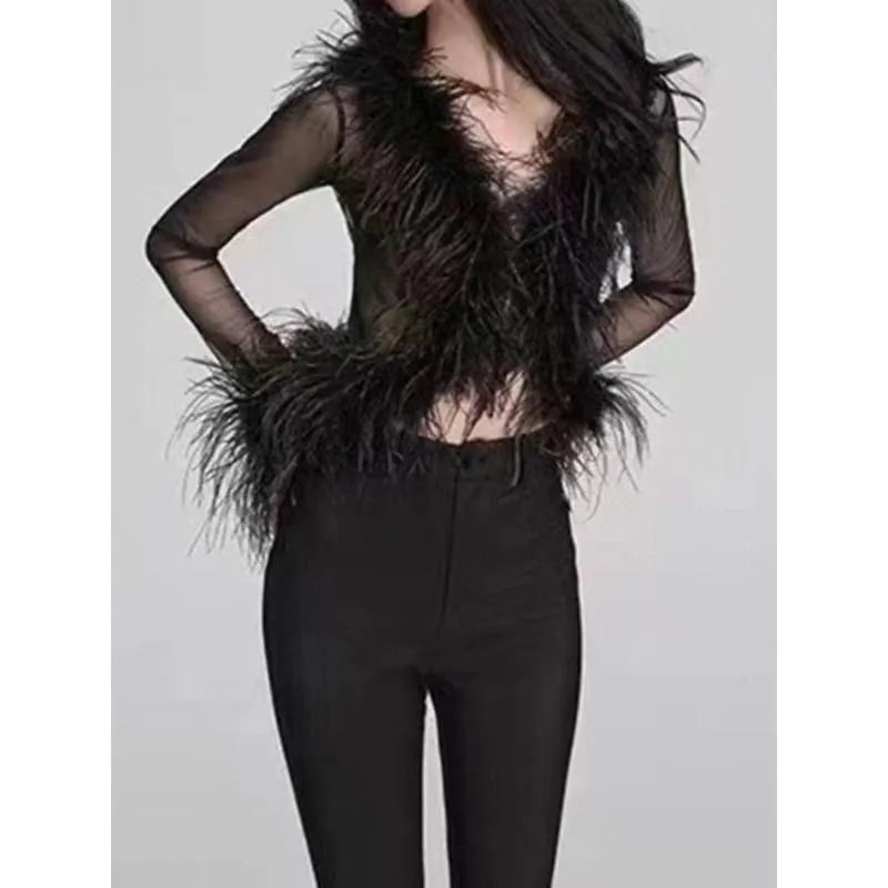 Women's Deep V-Neck Lacing Strap Cardigan with Feather Sleeves