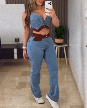 Women's Fashion Sleeveless Denim Wide Leg 2-Piece Set