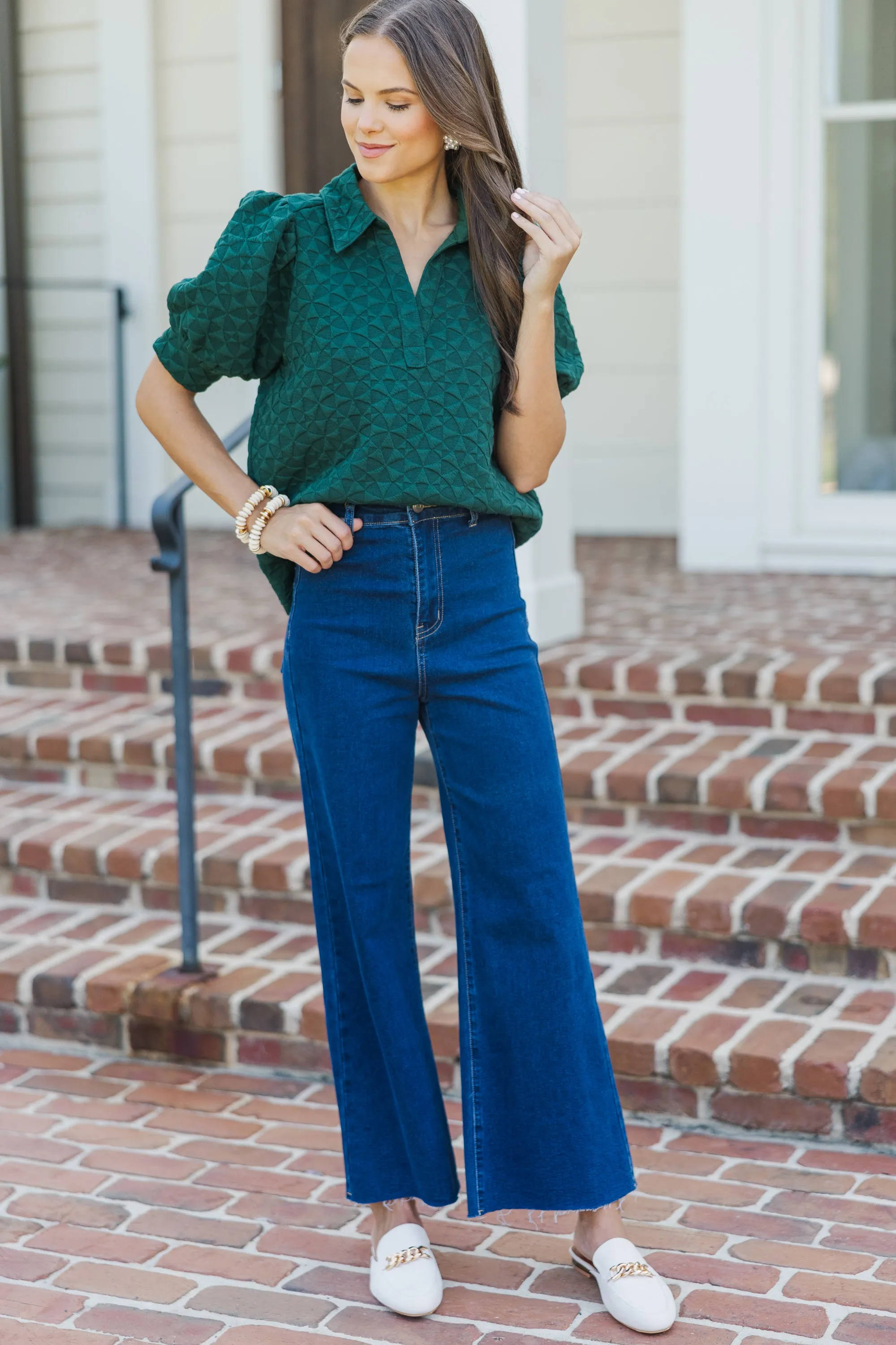 Worth Your While Hunter Green Textured Blouse