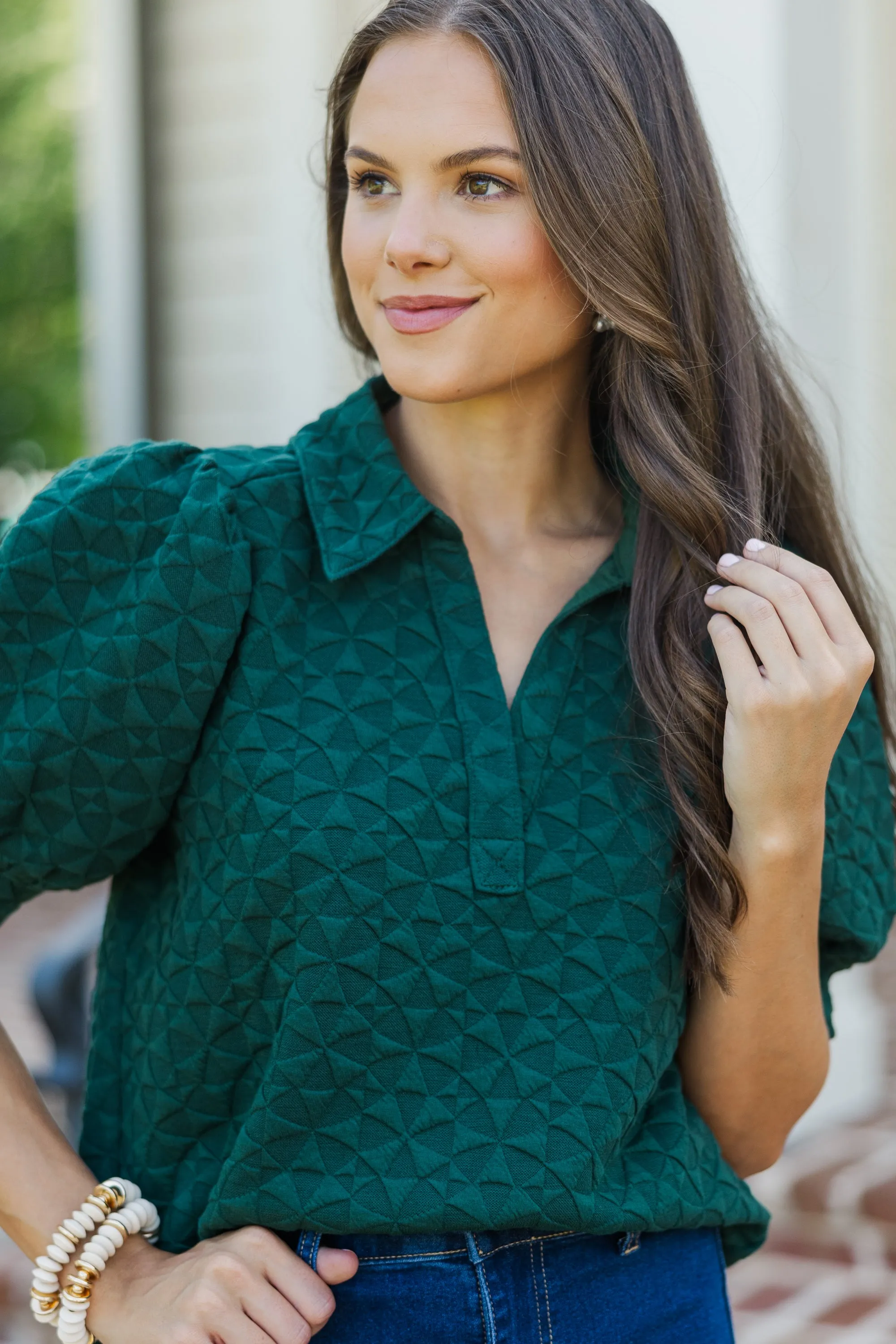 Worth Your While Hunter Green Textured Blouse