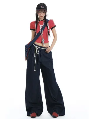 Y2K Drawstring Denim Wide Leg Jeans | Streetwear Pants Women Oversized Fit