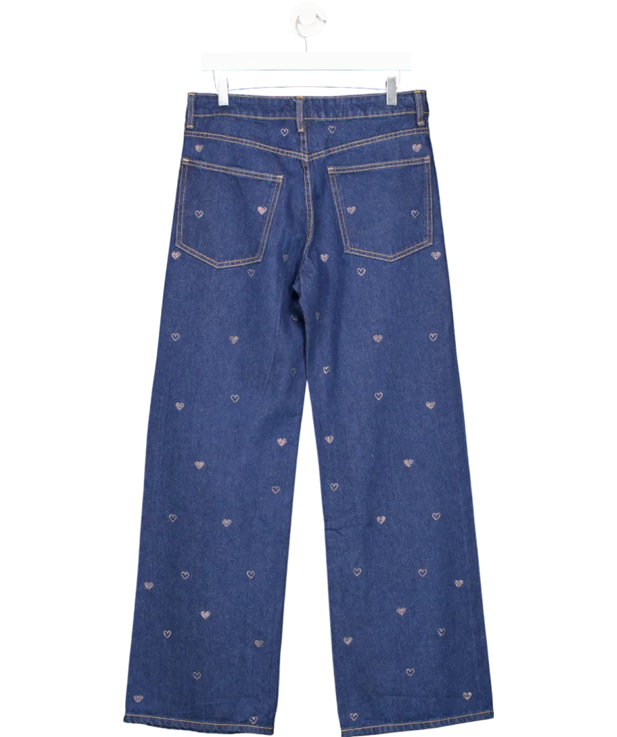 ZARA Blue Wide Leg Rhinestone Heart Mid Waist Jeans UK 8