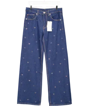 ZARA Blue Wide Leg Rhinestone Heart Mid Waist Jeans UK 8