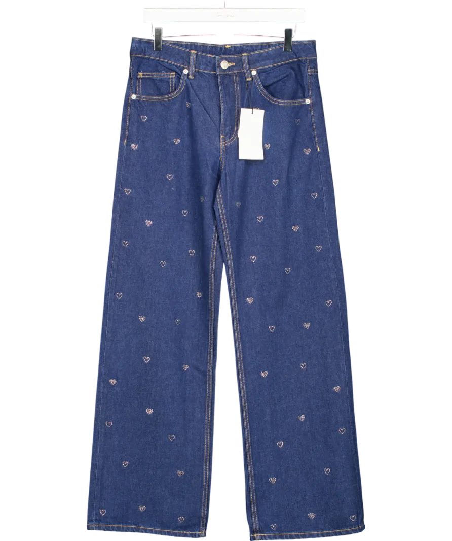ZARA Blue Wide Leg Rhinestone Heart Mid Waist Jeans UK 8